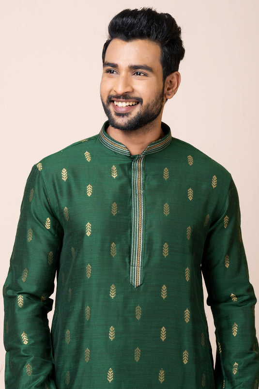 Dazzling Green Color Readymade Kurta Pyjama In Jacquard Fabric