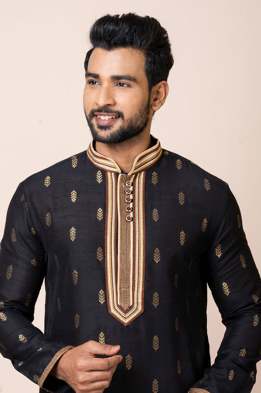 Entrancing Jacquard Fabric Readymade Kurta Pyjama In Black Color