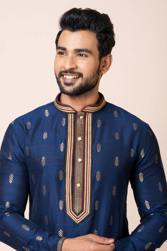 Charming Navy Blue Color Jacquard Fabric Readymade Kurta Pyjama