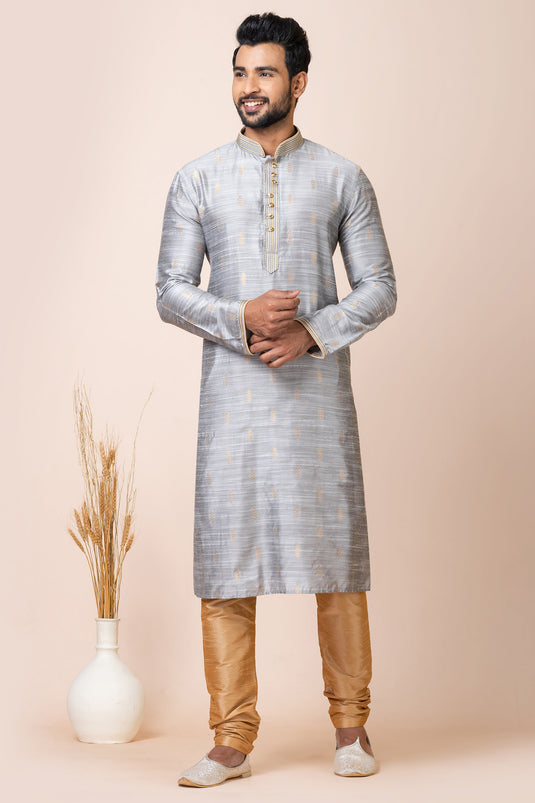 Mesmeric Grey Color Readymade Kurta Pyjama In Jacquard Fabric