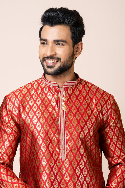 Red Color Jacquard Fabric Trendy Readymade Kurta Pyjama