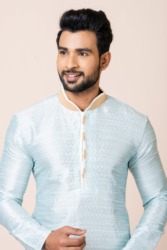 Classic Sky Blue Color Readymade Kurta Pyjama In Jacquard Fabric