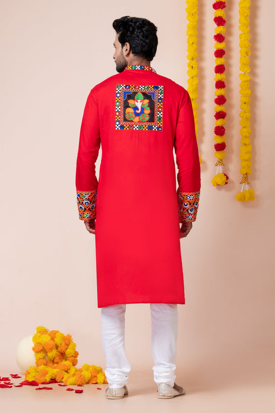 Stunning Red Color Readymade Men Kurta Pyjama