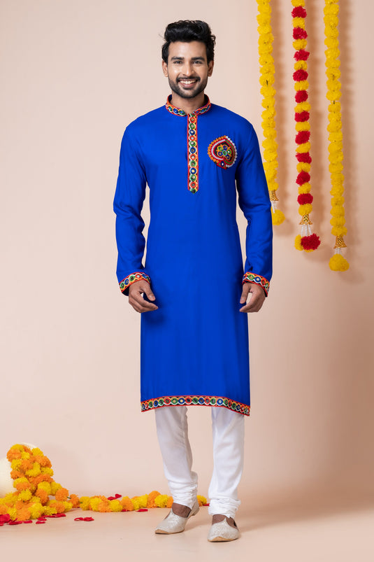 Beautiful Blue Color Readymade Kurta Pyjama For Men In Heavy Rayon Fabric