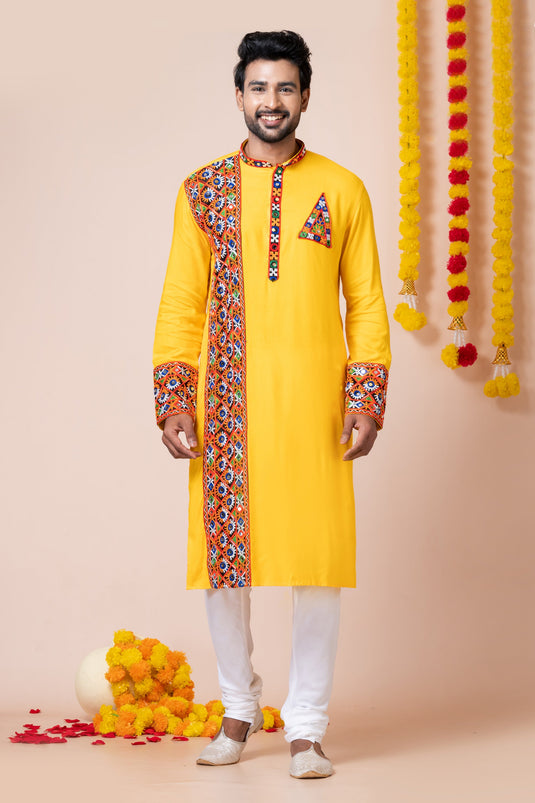 Yellow Heavy Rayon Fabric Graceful Readymade Men Kurta Pyjama