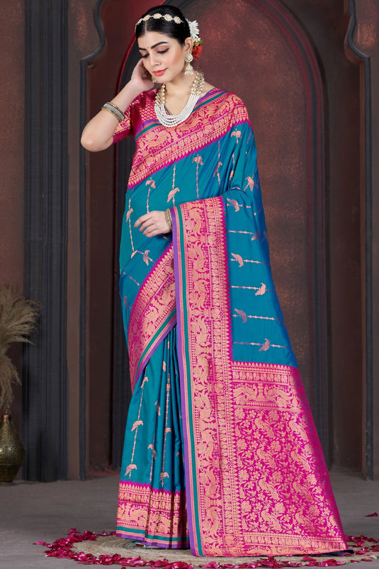 Blue Color Gorgeous Function Wear Silk Saree With Weaving Work