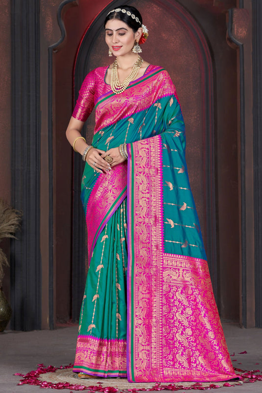 Weaving Work Imposing Function Wear Silk Saree In Teal Color