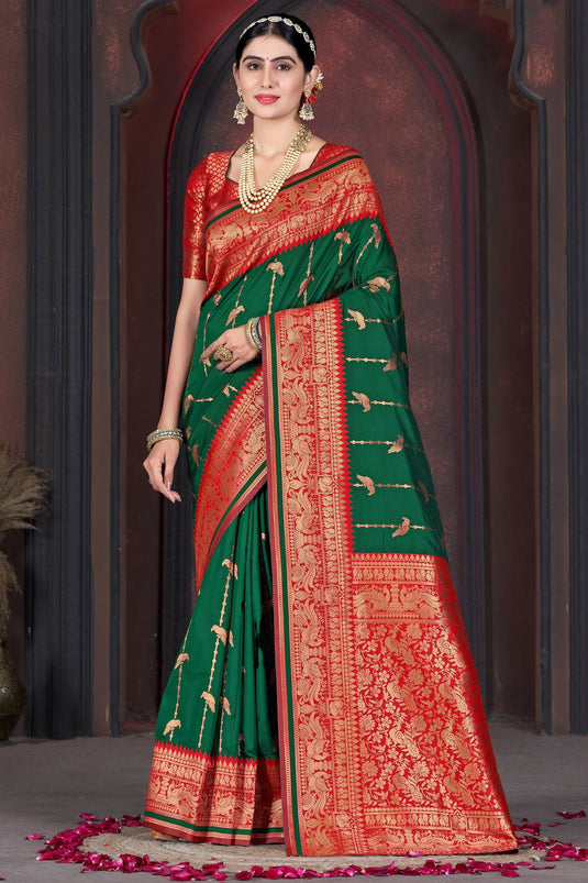 Delicate Dark Green Color Weaving Work Function Wear Silk Saree