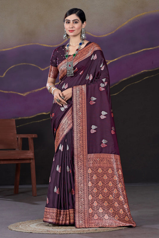 Imperial Brown Color Silk Fabric Saree With Weaving Work