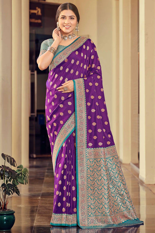 Weaving Work On Purple Color Silk Fabric Princely Saree