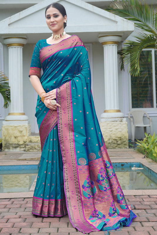 Art Silk Fabric Teal Color Saree With Winsome Weaving Work