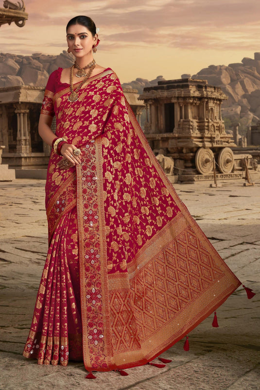 Dazzling Border Work On Red Color Saree In Chiffon Fabric
