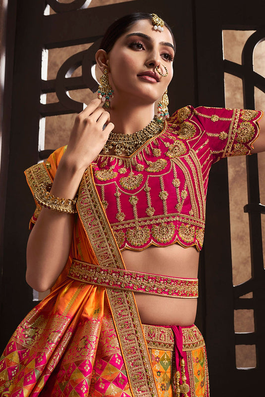 Mesmeric Multi Color Embroidered Work On Bridal Lehenga In Silk Fabric