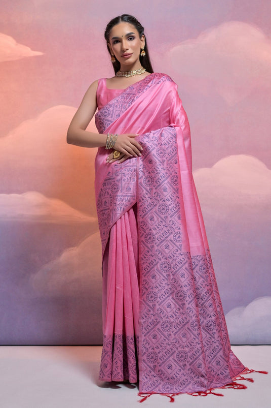 Adorable Pink Color Function Wear Handloom Raw Silk Weaving Border Work Design Saree