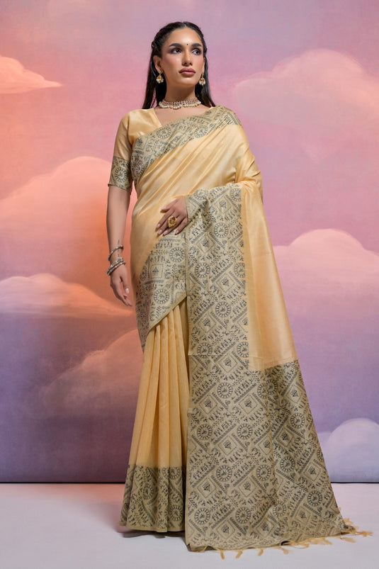 Cream Color Handloom Raw Silk Festive Wear Weaving Border Work Saree