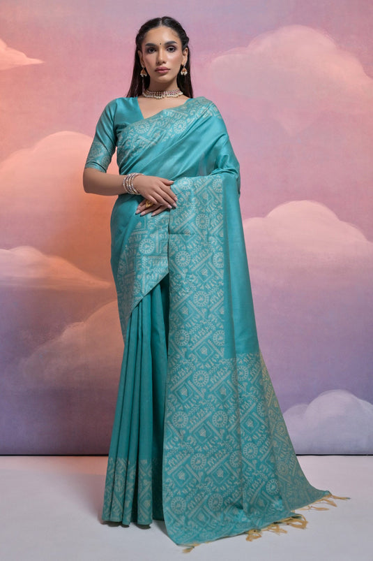 Cyan Color Handloom Raw Silk Weaving Border Work Saree