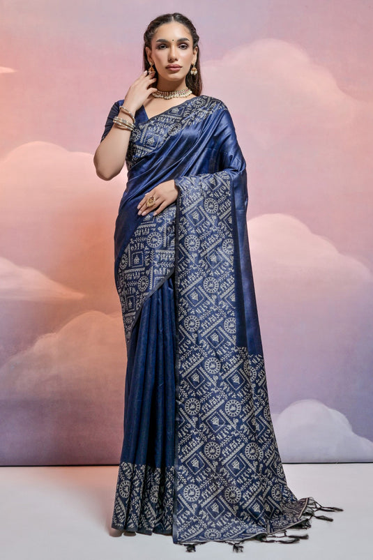 Handloom Raw Silk Navy Blue Color Weaving Border Work Saree