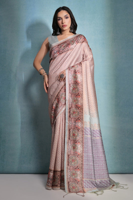 Chikoo Cotton Silk Fabric Fancy Printed Border Work Saree