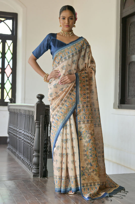 Madhubani Printed Beige Color Saree In Soft Tussar Silk Fabric