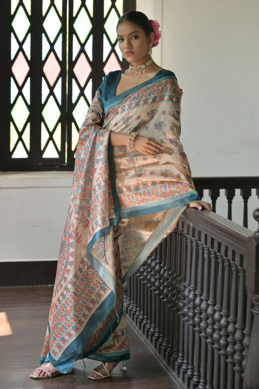 Beige Color Soft Tussar Silk Madhubani Printed Saree With Blouse