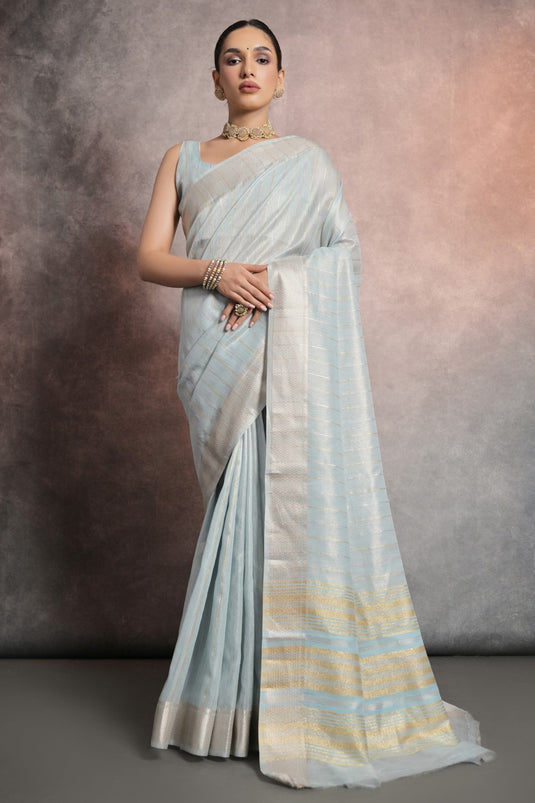 Attractive Light Cyan Color Zari Weaving Border Work Tissue Linen Fabric Traditional Saree