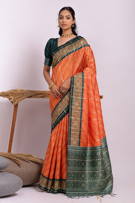 Orange Color Soft Tussar Silk Function Wear Fancy Printed Saree