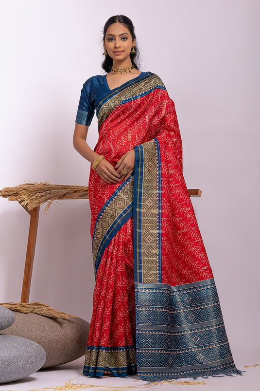 Red Color Soft Tussar Silk Function Wear Printed Designer Saree