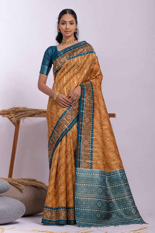 Yellow Color Soft Tussar Silk Function Wrear Fancy Printed Saree