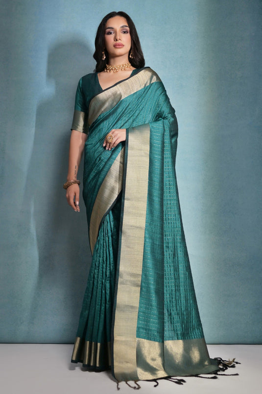 Traditional Art Silk Fabric Zari Border Work Teal Color Saree