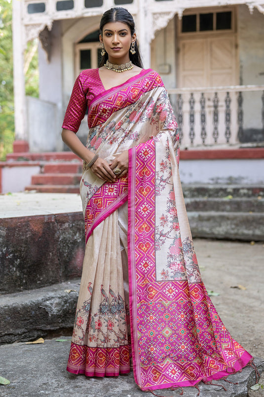 Soft Tussar Silk Fabric Rani Color Fancy Floral Printed Casual Saree