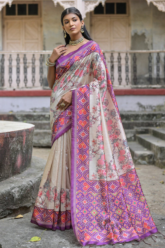 Daily Wear Soft Tussar Silk Fabric Purple Color Floral Printed Saree