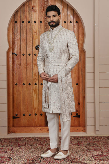 Vintage Heavy Hand Embroidered Art Silk Beige Groom Sherwani