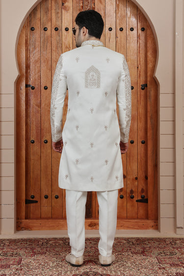 Classic Cream Heavy Hand Embroidered Art Silk Groom Sherwani
