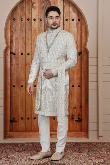 Classic Cream Heavy Hand Embroidered Art Silk Groom Sherwani