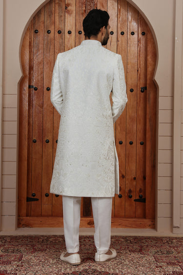 Royal Art Silk Off White Handwork Indo Western Wedding Sherwani