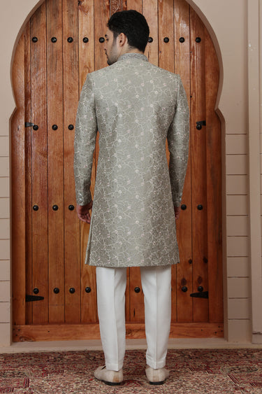 Vintage Art Silk Sea Green Designer Wedding Sherwani With Aligarh Pant