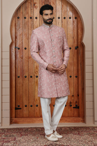 Signature Art Silk Pink Handcrafted Groom Sherwani With Pant