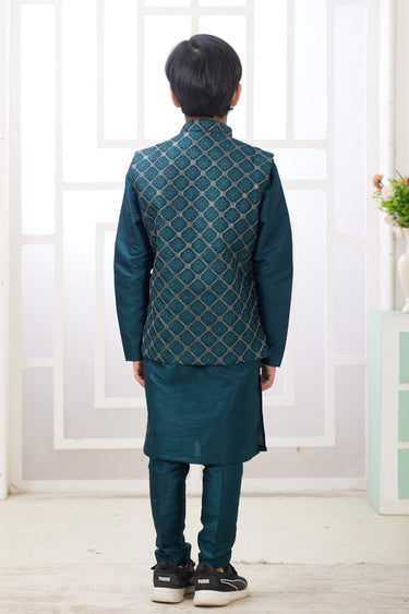 Art Silk Teal Function Wear Boys Stylish Readymade Kurta Pyjama With Designer Jacket