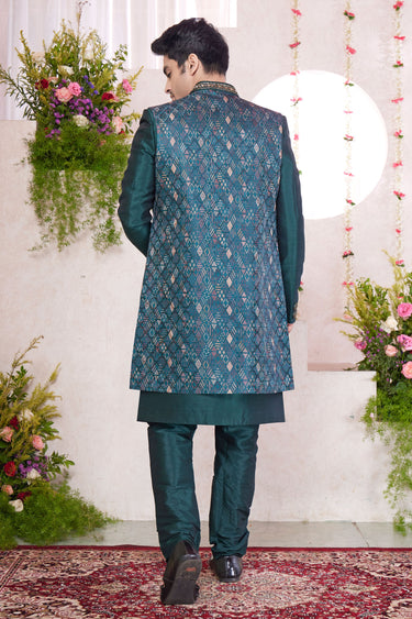 Beautiful Green Wedding Wear Readymade Indo Western For Men In Jacquard Art Silk Fabric