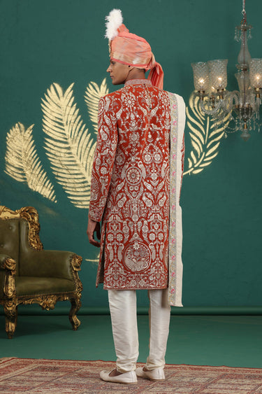 Rust Art Silk Sherwani For Groom With Handcrafted Embroidery