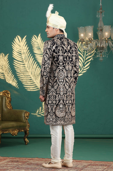 Black Art Silk Embroidered Indowestern Sherwani For Men