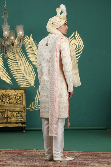 Glamorous Beige Heavy Embroidered Sherwani Set