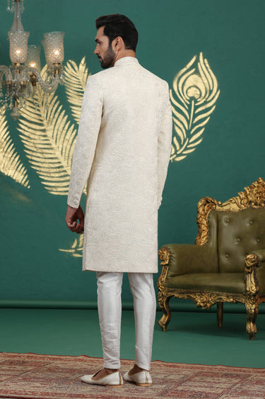 Off White Thread Embroidered Wedding Wear Sherwani For Men