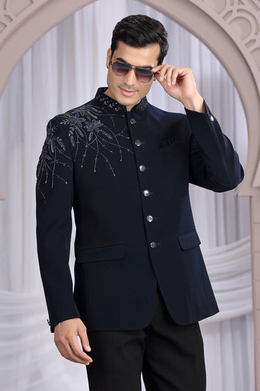 Navy Blue Fancy Fabric Wedding Wear Trendy Readymade Indo Western Jodhpuri Suit For Men