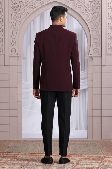 Fancy Fabric Wine Wedding Wear Readymade Designer Men Indo Western Jodhpuri Suit