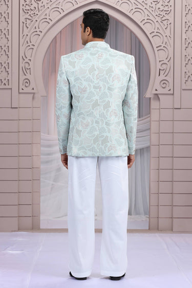 Art Silk Stunning Light Cyan Wedding Wear Readymade Men Indo Western Jodhpuri Suit
