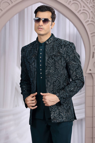 Velvet Teal Wedding Wear Attractive Readymade Men Indo Western Jodhpuri Suit