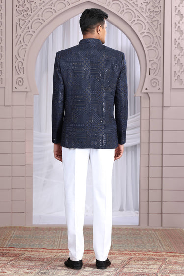 Navy Blue Art Silk Readymade Men Indo Western Jodhpuri Suit