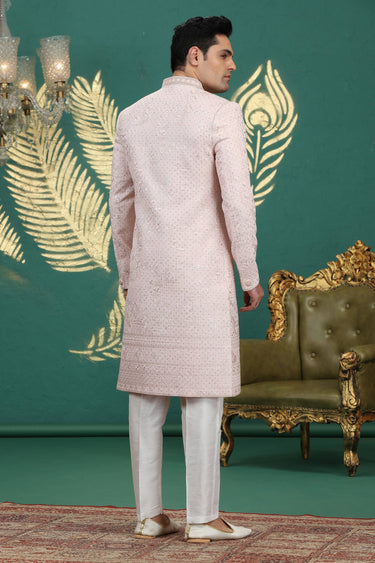 Beautiful Peach Wedding Wear Readymade Sherwani For Men In Art Silk