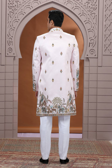 Art Silk Embroidery Pink Readymade 3 Piece Indo Western For Men